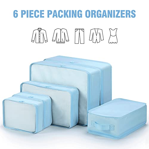 Mossio 6 Set Packing Cubes with Shoe Bag - Lightweight Travel Luggage Suitcase Organizers - color: Sky Blue