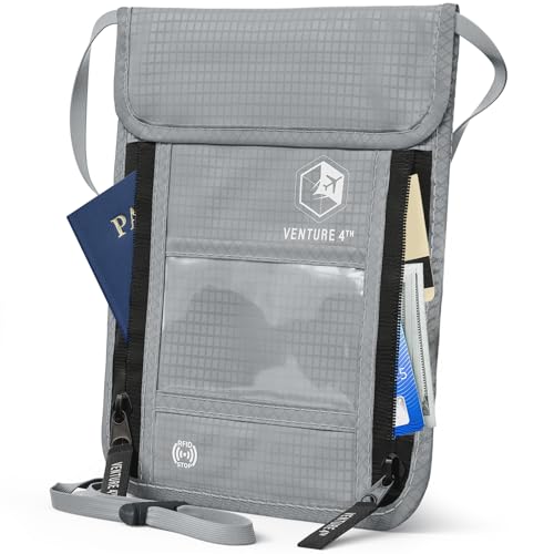 VENTURE 4TH Neck Wallet – RFID Blocking Passport Holder for Travel, Hidden Passport Wallet, Concealed Travel Wallet for Women, Men & Family (Silver) - color: Silver
