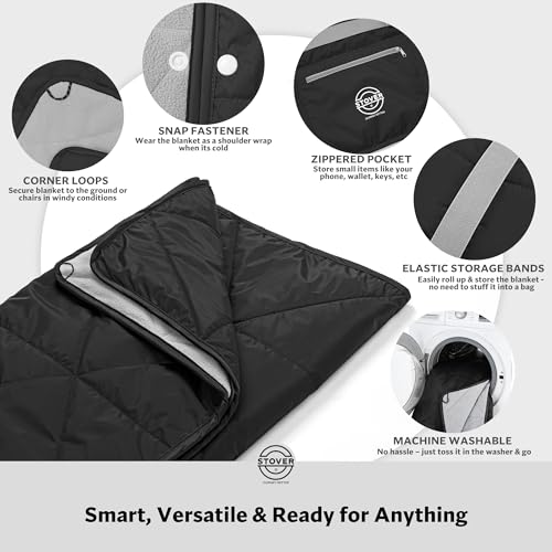 STOVER Large Waterproof Outdoor Stadium Blanket- Extra Thick Soft Fleece Camping Blanket for Travel, Picnics, Sports, Dogs- 79"x55", Warm, Windproof, Sand-Proof, Lightweight, Packable (Stadium Black) - color: 01 - Stadium Black