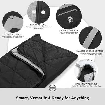 STOVER Large Waterproof Outdoor Stadium Blanket- Extra Thick Soft Fleece Camping Blanket for Travel, Picnics, Sports, Dogs- 79"x55", Warm, Windproof, Sand-Proof, Lightweight, Packable (Stadium Black) - color: 01 - Stadium Black