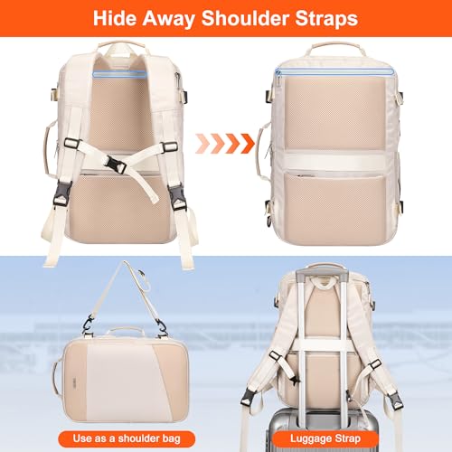 PIJUSHI Travel Backpack for Women Carry on Suitcase Backpack Flight Approved Personal Item Bag Fits 16 Inch Laptop(PE035 Beige) - color: Beige