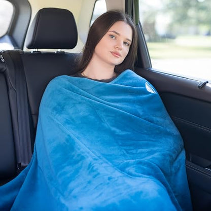 BlueHills Premium Soft Travel Blanket Pillow Airplane Blanket in Soft Bag case with Hand Luggage Belt and Carabiner Compact Pack Large Cozy Plane Car Train Teal Blue T022 - color: Tealblue-1pk-t022