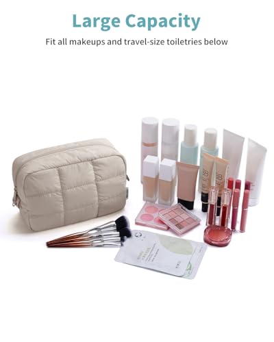 Narwey Quilted Makeup Bag for Women Girl, Puffer Travel Cosmetic Bag Puffy Make Up Bag Organizer, Cute Travel Toiletry Bag for Toiletries (Khaki) - color: Khaki