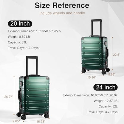 VentureVault All Aluminum Carry On Luggage 22x14x9 Airline Approved，Zipperless Luggage Premium Aluminum Suitcase Luggage, Hard Shell Carry On Luggage with Spinner Wheels (dark green, 20inch) - color: Green, size: 20inch