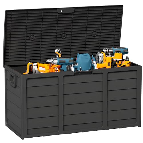75 Gallon Outdoor Deck Storage Box - Heavy Duty Resin Container with Lockable Lid & Handles for Patio, Garden, Yard - Weatherproof (Black)