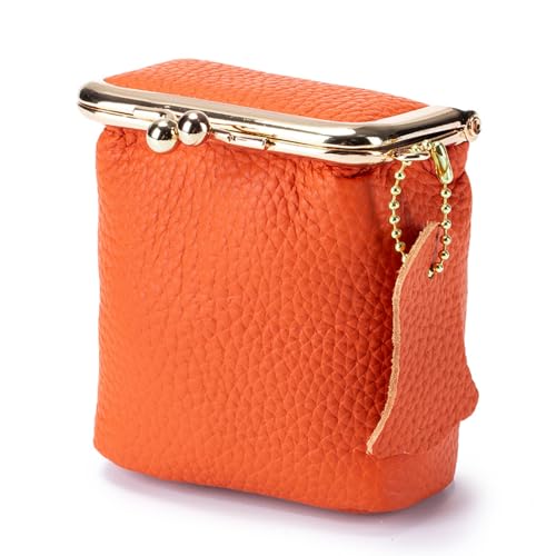 Litchi Leather Coin Purse for Women, Portable Vintage Wallet Mini Lipstick Holder Fashion Solid Color Kiss Lock Key Storage Square Pouch (Orange) - color: Orange