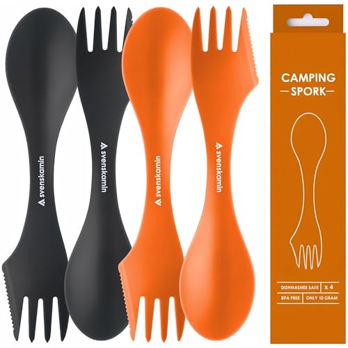 Reusable Camping Spork Set 4-Pack - 3-in-1 Travel Sporks, Lightweight Durable Utensils & Silverware for Outdoor Hiking - Black & Orange - color: Black/Orange 4P