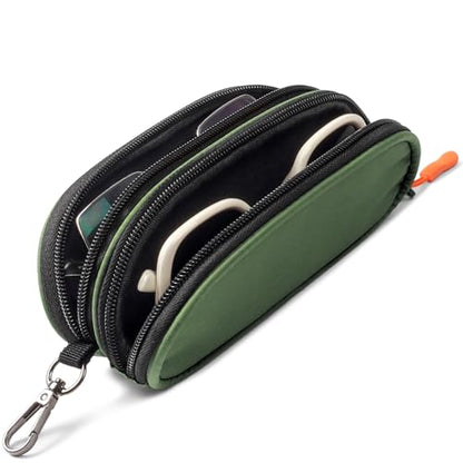 Double Eyeglasses Case Soft Portable Zipper Sunglasses Pouch with Keychain Clip for Men Women - color: Army Green