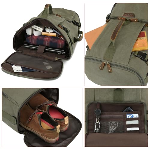 G-FAVOR Travel Backpack for Men, 40L Flight Approved Carry On Backpack, Water Resistant Canvas Rucksack with 17.3" Laptop Sleeve, Convertible Duffel Bag for Airplane, Business & Travel - color: Green