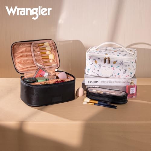Montana West X Wrangler Travel Makeup Bag 2pcs Set Large Cosmetic Bag with Makeup Brush Holder Portable Make Up Organizer Cute Toiletry Bag with Divider and Handle for Women Black - color: Black