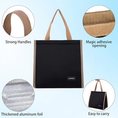 Insulated Lunch Bag for Work, 10.2"x5.9"x10.2" Oxford Waterproof Striped Canvas Tote Bag - color: Black