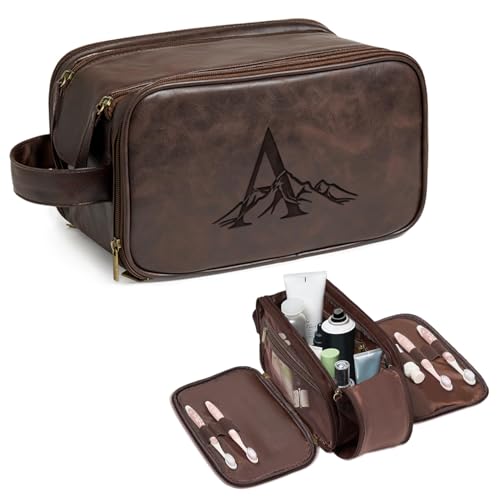 Janhavi Travel Toiletry Bag For Men Waterproof, Groomsmen Gifts Personalized Leather Engraved Initials & Mountain, Mens Dopp Kit Bag, Birthday Gifts For Men, Travel Tssentials (Dark Brown A) - color: Dark Brown, style: A