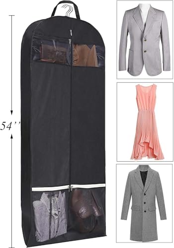 KIMBORA 54" Trifold Dress Garment Bags for Travel Gusseted Suit Cover with 2 Large Mesh Shoe Pockets (Black)