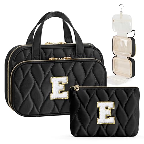 YOOLIFE Travel Toiletry Bag for Women - Hanging Toiletry Bag Initial Makeup Bag, Portable Toiletries Cosmetic Bag, Airplane Travel Essentials Black - E - color: Black, style: E