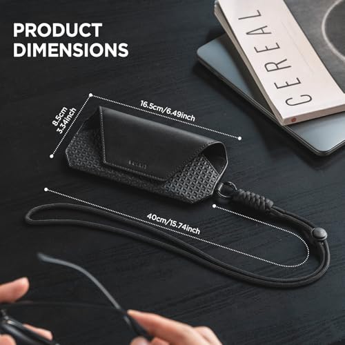 VULKIT Portable Leather Eye Glasses Case for Women & Men, Slim Sunglass Case, Unisex Eyeglass Case - color: Black With Lanyard