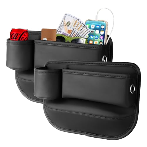 2 Pack Leather Car seat Gap Filler Organizers for Front Seat,Seat Gap Storage with Cup Holder and Storage Box for Phones,Keys,Glasses etc.Suitable for various car models (with cup holder)