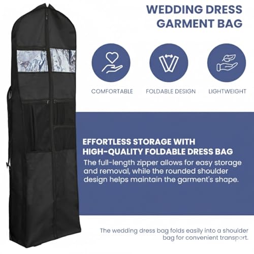 Wedding Dress Garment Bag 72" – Waterproof Trifold Travel Garment Bag for Bridal Gown with Shoulder Strap, Suitcase Sleeve & Accessory Pockets – Fits Full Skirts, Oxford Fabric, Carry Handle - color: Black