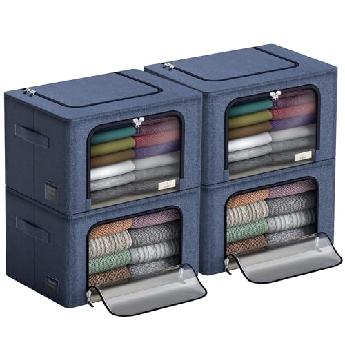 Sorbus Storage Bins with Metal Frame - Stackable & Foldable Clothes Organizer Bags - Oxford Fabric Storage Containers with Large Clear Window & Carry Handles Organization for Bedding Linen & Clothing - color: Blue, size: 4 Pack