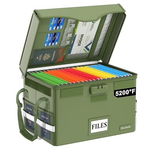DocSafe 5200°F Fireproof Document Box with Lock,Heat Insulated File Organizer Storage with Pockets,Collapsible Portable Home Office File Safe Box with Handle for Hanging Letter/Legal Folders, Green - color: Green, size: 16.2" x 12.6" x 10.7", 1 pack