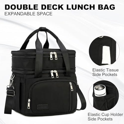 MAPLELILY Lunch Box for Men Women - Double Deck Insulated Lunch Bag, Large Leak Proof Tote Cooler, Wide Open Dual Compartment Lunch Bags with Shoulder Strap, For Work Picnic Hiking Beach, Black - color: Black