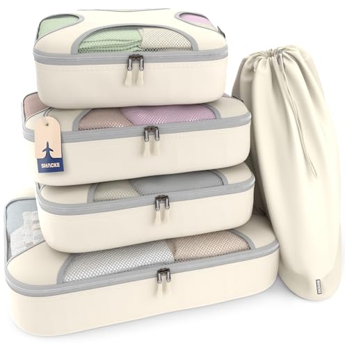 Shacke Packing Cubes for Travel 5 Set - Premium Luggage Organizer Bags - Versatile Travel Organizer for Women and Men - Optimized Packing Bags - Travel Essentials (Sand) - color: 5 Set - Sand, size: Set of 5