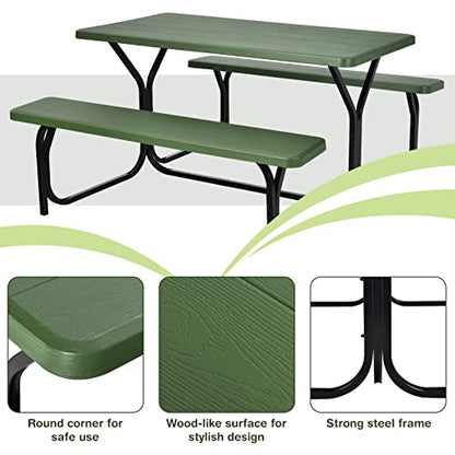 S AFSTAR Picnic Table Bench Set, 59” Expanded Rectangular Picnic Table, Outdoor Table and Bench W/Steel Frame & Wood-Like Texture Tabletop, Camping Table Chair Set for Garden Patio Lawn Deck (Green) - color: Green