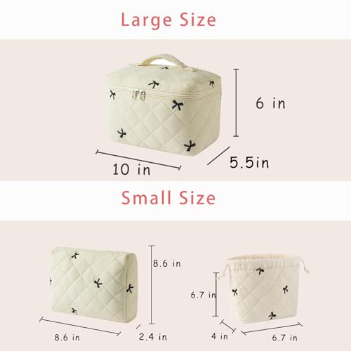 3pcs Large Cotton Quilted Makeup Bag Set,Coquette Aesthetic Cute Travel Toiletry Bag,Drawstring Gift Bag for Women and Girls(3Pcs Beige Bow) - color: 3Pcs Beige Bow