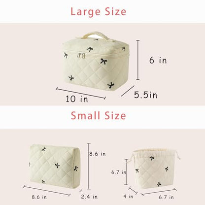 3pcs Large Cotton Quilted Makeup Bag Set,Coquette Aesthetic Cute Travel Toiletry Bag,Drawstring Gift Bag for Women and Girls(3Pcs Beige Bow) - color: 3Pcs Beige Bow