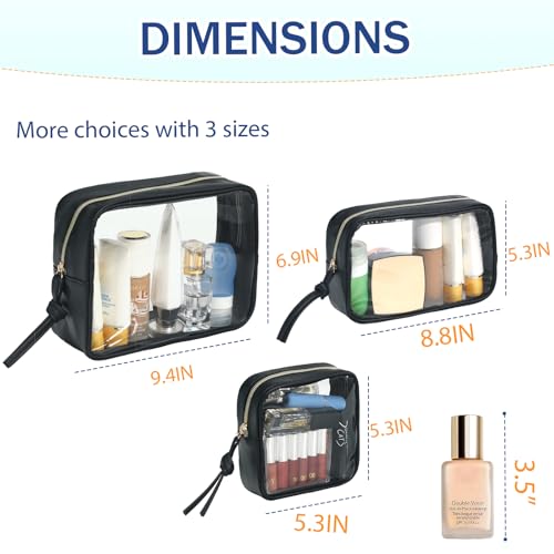 3-Piece Travel Makeup Bag Clear Waterproof Toiletry Bag Set Large, Medium Small Sizes Travel Toiletry Organizer Pouch Cosmetic Storage for Bathroom (Black)