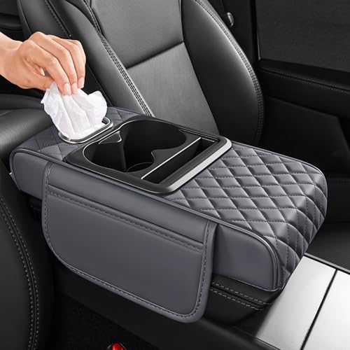 5 in 1 Car Center Console Cover, Armrest Pad with 2 Storage Pockets, Cup Holder, Tissue Slot, Phone Holder, Nappa Leather Memory Foam Car Accessories for SUV Sedan Truck (Gray) - color: Gray