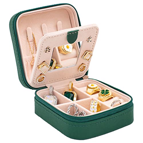 KElofoN Travel jewelry case Travel jewelry box Travel Jewelry Organizer Small box Gift for Girls Women with Mirror(Green) - color: Green