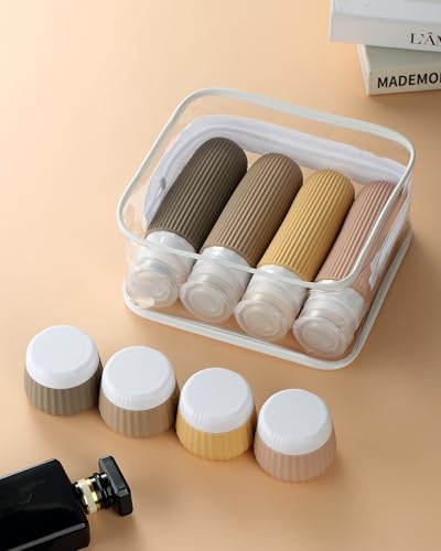 Mrsdry Travel Bottles 8 Pack, TSA Approved 3 oz Travel Toiletries Containers with Clear Bag, Leak Proof Silicone Squeezable Essentials Jars - color: Apricot, size: Bottle 3oz Jars 1oz