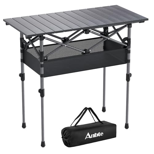 Anbte 3ft Aluminum Roll Top Camping Table, 2 Adjustable Height Camping Table Folding with Storage Net & Bag Lightweight Roll Up Table for Tailgate Outdoor Backyard BBQ Patio Picnic, 32.2” X 16”, Black - color: Black, size: 32"L x 16"W x 27.5"H (2 heights)
