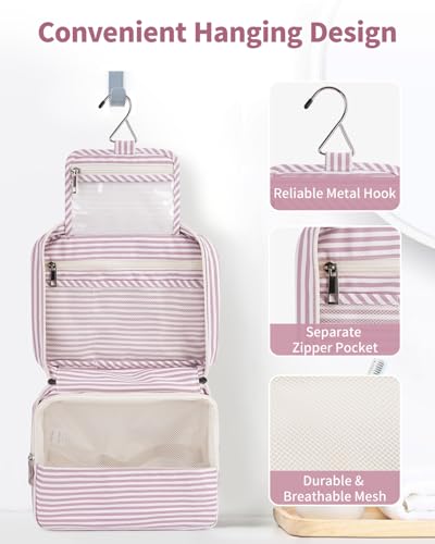 Narwey Small Hanging Travel Toiletry Bag for Women, Travel Bag for Toiletries, Makeup Bag Organizer Cosmetic Bags Make Up Bags for Girls - color: ZB-Dusty Pink Stripe