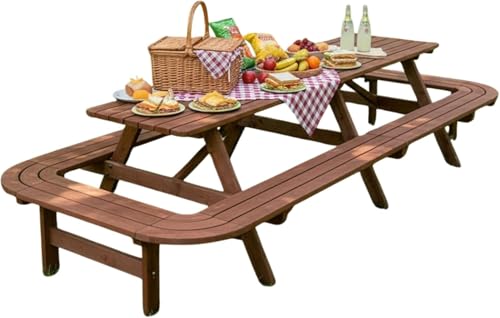 14-16 Person Wood Picnic Table with Attached Benches & Umbrella Hole,Rectangle Brown Outdoor Wooden Dining Table & Chairs for Patio Yard Garden Porch Deck - color: Brown, size: 14-16 Person Rectangle