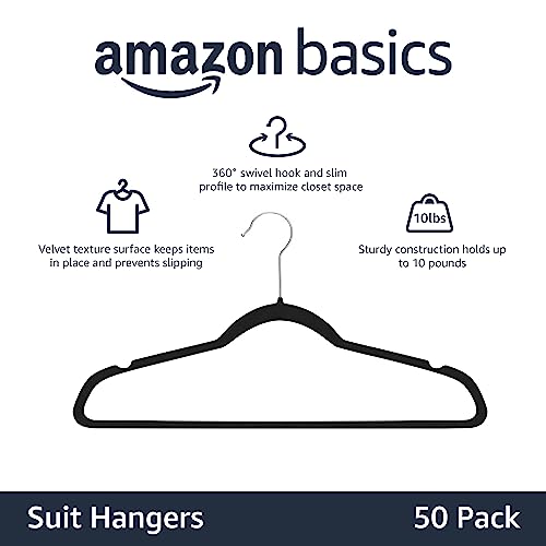 Amazon Basics Slim Velvet Non-Slip Space Saving Suit Clothes Hangers, Closet Organizer, Black, 50-Pack - color: Black, size: Pack of 50