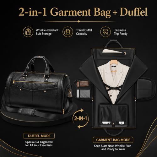 Garment Bag for Travel, Convertible Suit Garment Bag for Men, Stylish Carry On Garment Bag with Shoulder Strap, 2 in 1 Foldable PU Leather Garment Duffle Bag Suit Travel Bag for Men, Black - color: Black