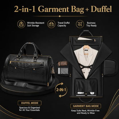 Garment Bag for Travel, Convertible Suit Garment Bag for Men, Stylish Carry On Garment Bag with Shoulder Strap, 2 in 1 Foldable PU Leather Garment Duffle Bag Suit Travel Bag for Men, Black - color: Black