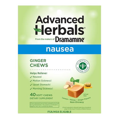 from The Makers of Dramamine, Advanced Herbals Ginger Chews for Nausea Relief, Morning Sickness Relief & Motion Sickness Relief During Travel, Lemon-Honey, 40 Count - size: 40 Count (Pack of 1)