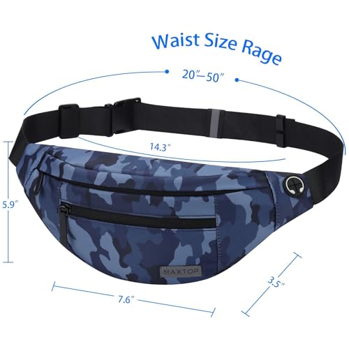 MAXTOP Large Crossbody Fanny Pack with 4-Zipper Pockets,Gifts for Enjoy Sports Festival Workout Traveling Running Casual Hands-Free Wallets Waist Pack Phone Bag Carrying All Phones - color: Camo Gray Blue, style: Large Fanny Pack(4 Zipper Pockets)