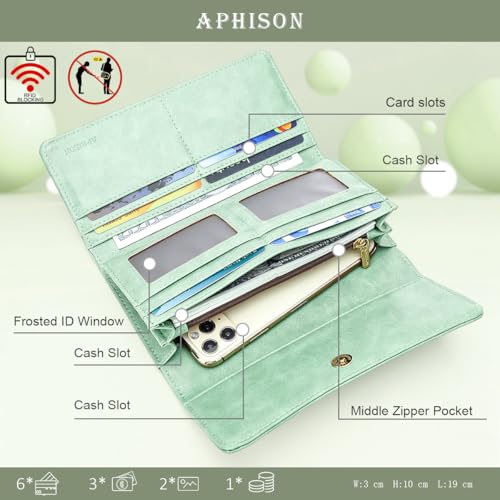 APHISON Womens Wallets RFID Blocking Leather Clutch Long Wallet for Women Card Holder Phone Organizer Ladies Travel Purse Hollow Out Sunflower Design Gift - color: A5-Peppermint Mambo Green