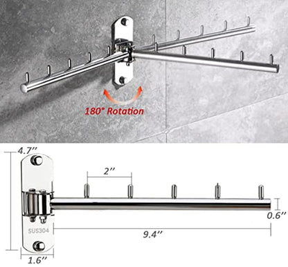 Clothes Hanger Rack Swing Arm, Folding Clothes Hanger Wall Mounted Space Saving Drying Rack, Stainless Steel 304 Laundry Room Valet Hook Holder, Foldable Hanging Hook Rod (Silver)