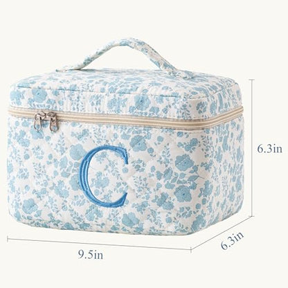 HBselect Initial Quilted Makeup Bag, Cotton Large Travel Make up Bag, Cute Floral Coquette Cosmetic Bag Toiletry Bag for Women Girls C - color: 1Pc Large Blueflower, style: C