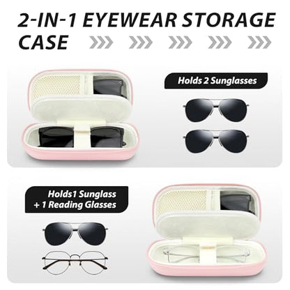 Double Glasses Case for Women Men, Dual Eyeglass Travel Organizer with Wristband - color: Pink