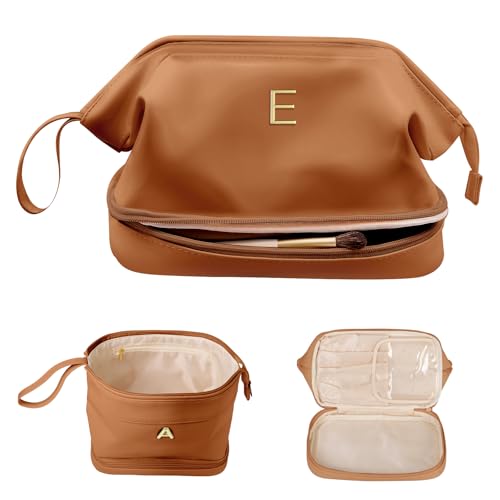 Gifts for College Girls, Personalized Makeup Bag, Monogrammed Gifts, Initial Double Layer Cosmetic Bag with Makeup Brush Organizer, Travel Toiletry Bag, Gifts for Friends, Teen Girl Gifts - color: Brown, style: E