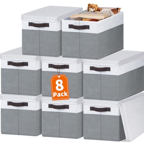 Criusia 8 Pack Closet Storage Bins with Lids - Stackable Storage Baskets for Organizing Clothes Toys Blankets - Odorless for Baby Nursery Organization and Storage Boxes Totes for Bedroom Dorm Room - color: White with Grey, size: 8pcs-Large