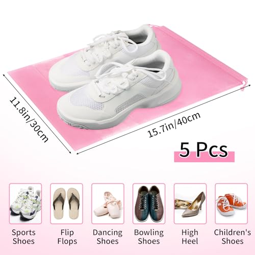 Pink Travel Shoe Bags - 5 Pcs Non-Woven Drawstring Packing Bags with Clear Window (15.7" x 11.8") - color: Pink, style: 5 Pack