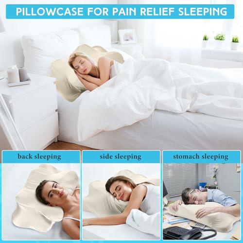Hahafelt Cooling Cervical Neck Pillowcase Cover (Only Pillow Case) Ergonomic Pillowcase with Zipper Breathable Contour Pillow Cover for Side Back Stomach Sleepers(Beige,Queen Size) - color: Beige, size: Queen