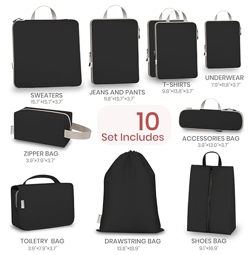 10 Set Compression Packing Cubes for Travel, Expandable Packing Organizer with Hanging Toiletry Bag, Shoe Bag & Accessories Bag, Ultralight Storage Travel Bags for Carry-on Luggage, Black - color: Black, size: Set of 10