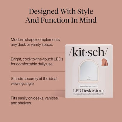 Kitsch Arch Desk Vanity Mirror with Lights, LED Makeup Surface, Touch Sensor Dimmable Warm Neutral Cool Glow, Rechargeable Desk Mirror with Kickstand for Travel - Terracotta